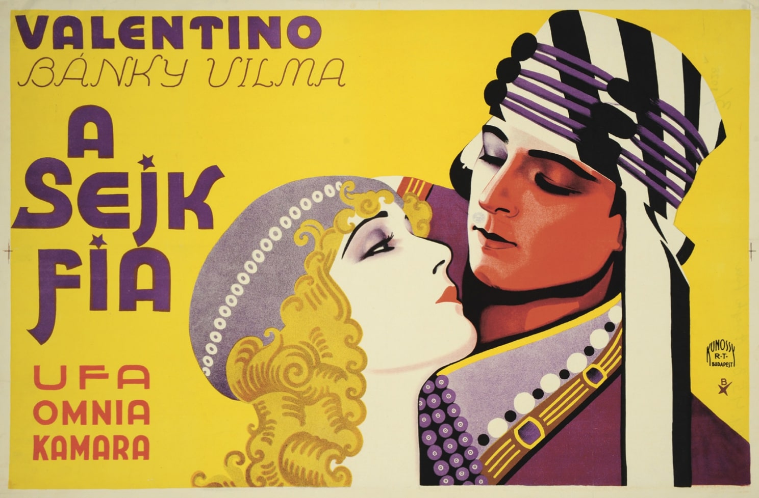 A korszak sztárjai: a szex-szimbólum Valentino és a hollywoodi szőkeség Bánki Vilma – Bottlik plakátján tökéletes egységben. (OSZK PKT / PKG.1928/3) © Országos Széchényi Könyvtár